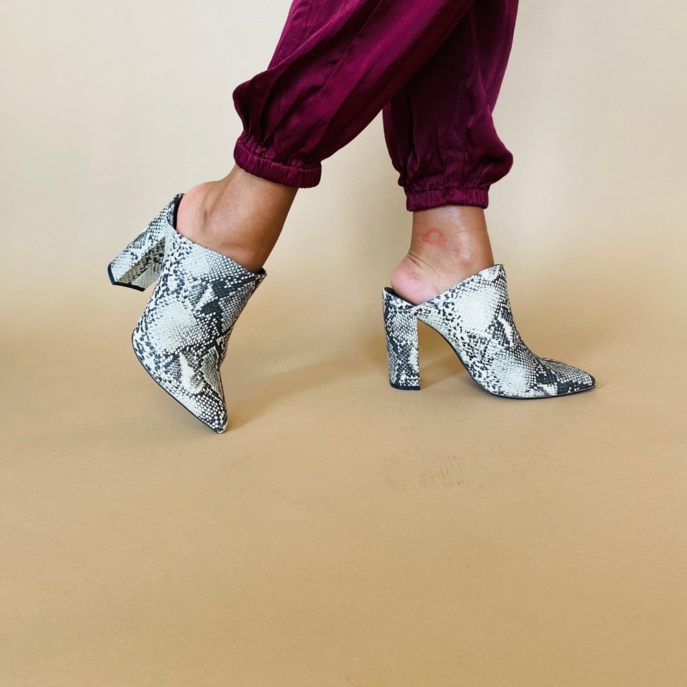 Stone grey and black snake print mule shoe